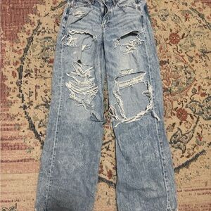American Eagle, super high-rise, baggy, wide legged, distressed jeans